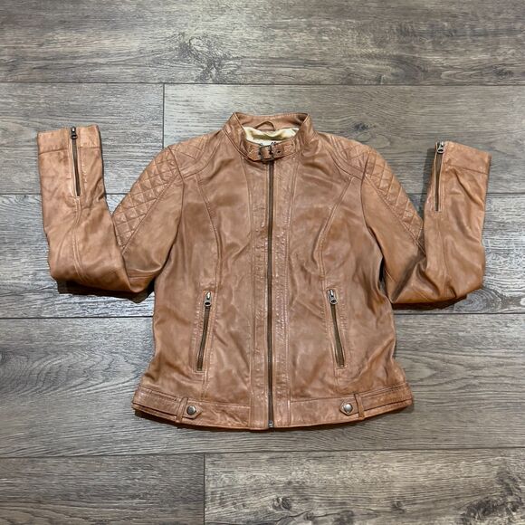RARE! Scully Light Brown Soft Leather Jacket Interior Butterfly Graphic Women XS - Picture 1 of 11